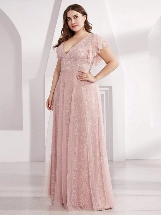 ever pretty pink bridesmaid dresses Ever-Pretty Double V Neck Short Sleeve Maxi Tulle Evening Dress Occasion Dress